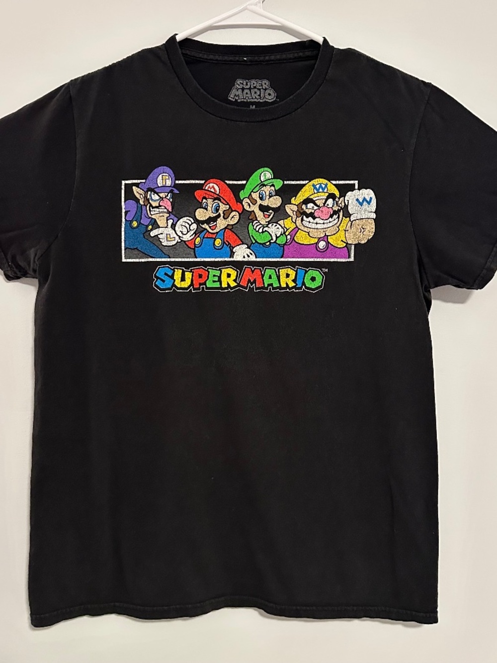 Super Mario Logo Graphic Print T-Shirt Medium Black Y2K Retro Gamer Short Sleeve